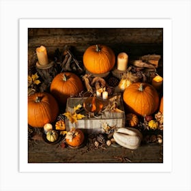 Autumn Harvest Table Laden With An Assortment Of Pumpkins Gourds And Dried Cornhusks Surrounded B (6) Art Print