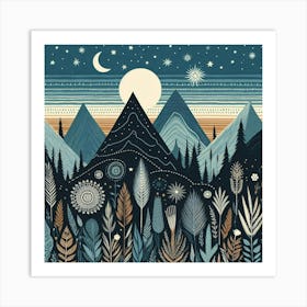 Boho art Silhouette of Mountain landscape Art Print