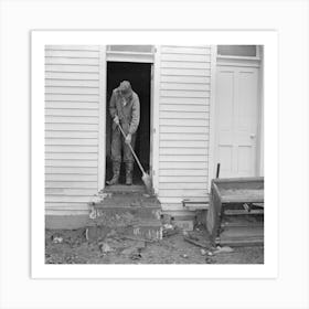 Man Sweeping Mud Off The Front Steps Of His House After Flood, Posey County, Indiana By Russell Lee Art Print