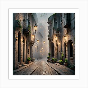 Street In The Fog Silent Night in Old Europe: Atmospheric Street Scene with Cobblestones Art Print