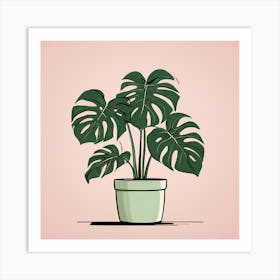 Monstera Plant In A Pot, A Potted Monstera Plant With Soft Pink Leaves Set Against Art Print