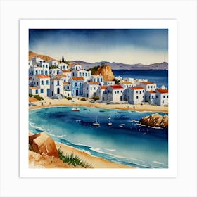 Crete, Greece.Summer on a Greek island. Sea. Sand beach. White houses. Blue roofs. The beauty of the place. Watercolor. 1 Art Print