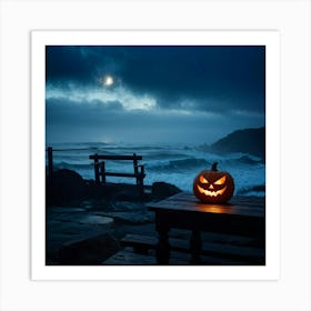 Jack O Lantern With A Glaring Eye Atop A Wooden Table On A Skittish Misty Coastline During Dusk S (4) Art Print