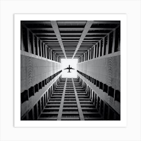 Airplane In The Sky,airplane flying over the buildings Art Print