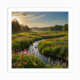 A Vibrant Spring Meadow With Blooming Flowers, Butterflies, And A Clear Stream 2) Art Print