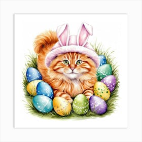 Watercolor Illustration Of Cat In Easter Bunny Hat, Laying In Grass, With Colorful Easter Eggs Scattered Around Art Print