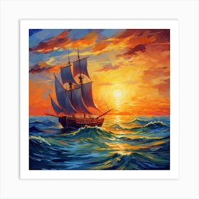 Sailing Ship At Sunset Art Print