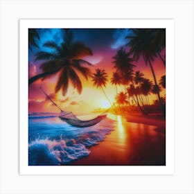 Beach With Palm Trees At Sunset 1 Art Print