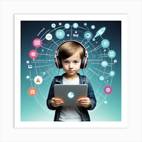 Young Boy With Headphones And Tablet Art Print