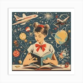 Soviet Themed Retro Girl Learning Art Print