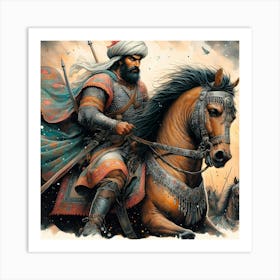 Osmanian Warrior On A Horse Color Drawing Art Print