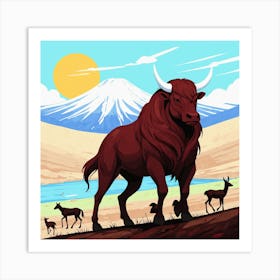 Bulls And Deer Art Print