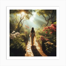 Woman In The Garden - Into the Garden: A woman in a flowing dress walking through a lush garden, with sunlight filtering through the trees and flowers blooming all around her. Art Print