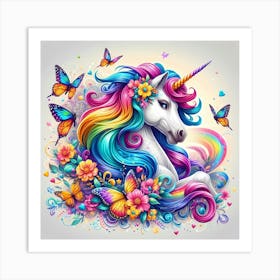 Unicorn With Flowers And Butterflies Art Print