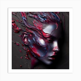 Abstract Beautiful Woman's Face - Embossed in Semi-Gloss Blood Red And Bluish Silver Metal Art Print