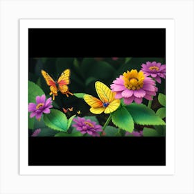 A beautiful 3D view of Butterfly with flowers. Art Print