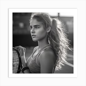 Black And White Portrait Of A Young Woman Holding Tennis Racket Art Print