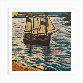 Oil painting of a boat in a body of water, woodcut, inspired by Gustav Baumann 11 Art Print