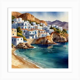 Watercolor Of A Greek Village.Summer on a Greek island. Sea. Sand beach. White houses. Blue roofs. The beauty of the place. Watercolor. Art Print