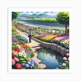 A Man Walks In A Flower Garden and Seeing a River  Art Print