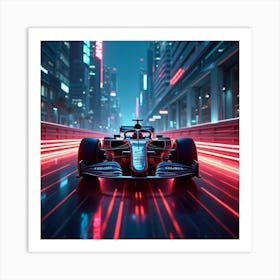 Formula Car On A Glowing Neon Track Cutting Through A Dense Cityscape 1 Art Print