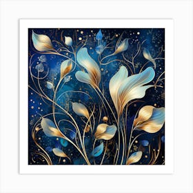 Golden Flowers On A Blue Background Art Print