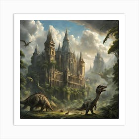 Dinosaurs And Castle Art Print