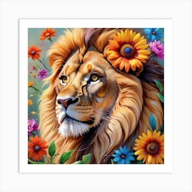 Floral Majesty: A Lion's Reverie Amidst Blossoms Art Print