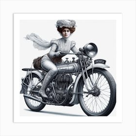 Motorbike Girl From A Bygone Era 4/4 (victorian black and white sepia woman female lady cycle wheels exciting) Art Print
