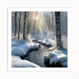 Winter Woodland Stream in Diffused Sunlight Art Print