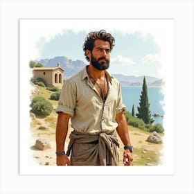 A Watercolor Portrait Of A Greek Man With A Rugged Charm, Set Against A Rustic Landscape 1 Art Print