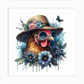 A chicken wearing a straw hat Art Print