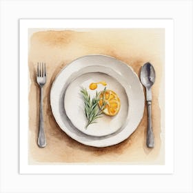 Watercolor Plate With Lemon And Rosemary Art Print