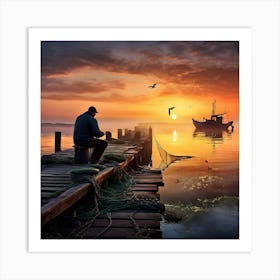 Sea Fisherman Mending Nets On A Rustic Wooden Dock At Dawn Mist Rolling Over Calm Waters Silhouett 537540339 (2) Art Print