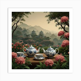 Teapots In The Garden Art Print