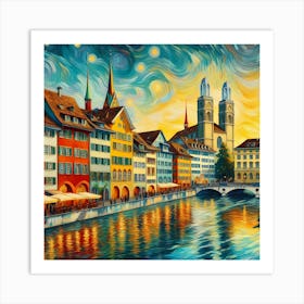 Zurich's old town of Switzerland, with Grossmunster Church, colorful buildings, river, painting art Art Print