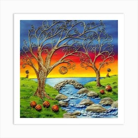 Highly detailed digital painting with sunset landscape design 12 Art Print