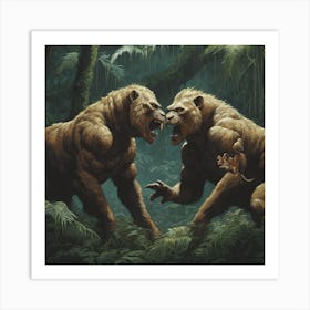 Two Lions Fighting In The Jungle Art Print