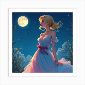 Fashionable Woman In Watercolor Attire, Dreamy Moonlit Night 1 Art Print