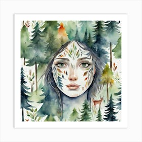 Watercolor Of A Girl In The Forest 1 Art Print