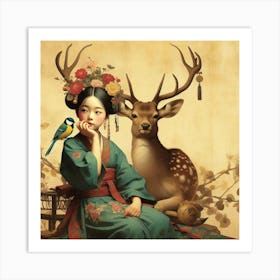 Chinese Girl And Deer Art Print