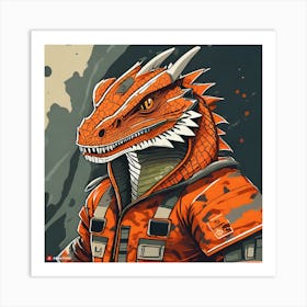 Comodo Dragon In Orange Military Camflauge Uniform Art Print