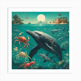 Dolphins And Crabs Art Print