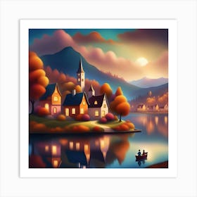 Autumn Village By The Lake Art Print