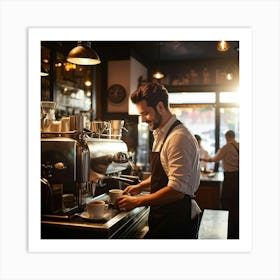 Cafe Interior Early Morning Barista Clad In A Crisp Apron With Visible Badges Of Skill Steam Waft (3) Art Print