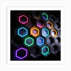 Hexagonal shapes with neon lights, futuristic, cyberpunk, background 7 Art Print