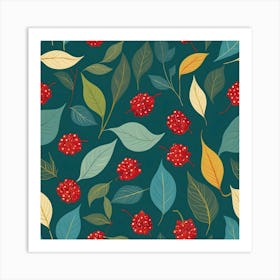 Seamless Pattern With Red Berries And Leaves Art Print