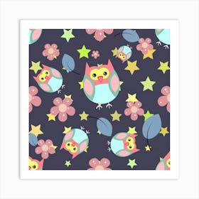 Owl Stars Pattern Background Art Print