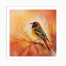 Sunset Serenade: Ethereal Watercolor of an American Redstart in Nature's Embrace Art Print