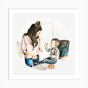 Mother And Son Eating Pizza Art Print
